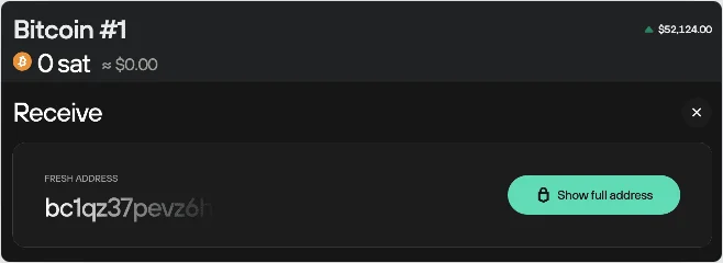 Trezor Suite Receive panel for an account named Bitcoin #1 with a partly hidden fresh bc1q address and a Show full address button.
