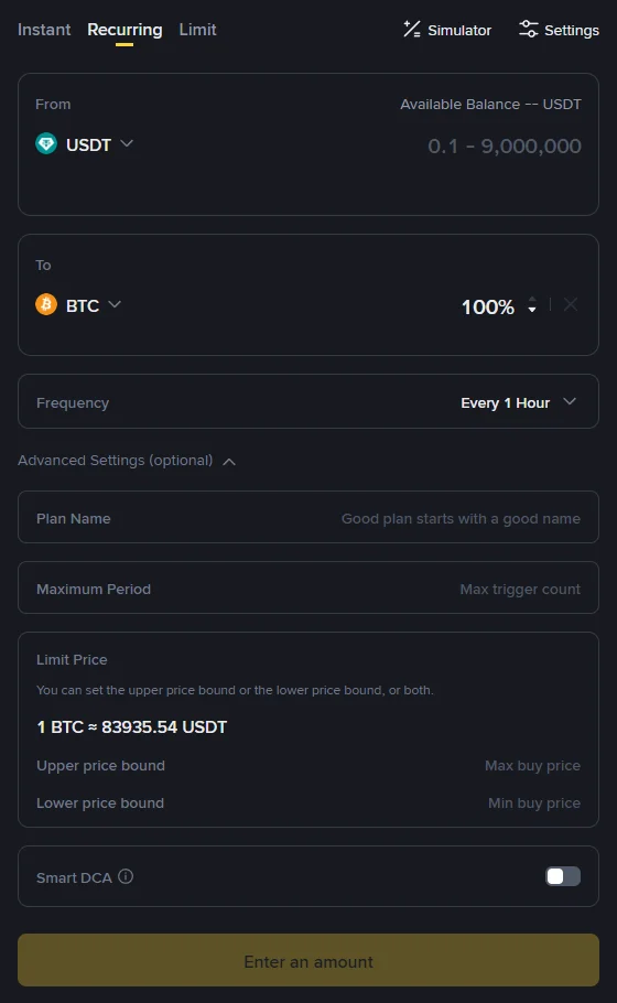 Binance Convert Recurring form with From USDT showing a 0.1 to 9,000,000 range, To BTC at 100%, Frequency set to Every 1 Hour, and optional Plan Name, Maximum Period, Limit Price, and Smart DCA settings.