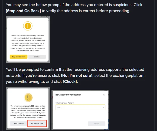 Binance help article showing the RW00357 suspicious address prompt with Stop and Go Back and Continue buttons, then a network prompt reading The network you selected is BSC with Yes, I'm sure and No, I'm not sure buttons, and a BSC network verification box with a Select Exchange Platform menu.