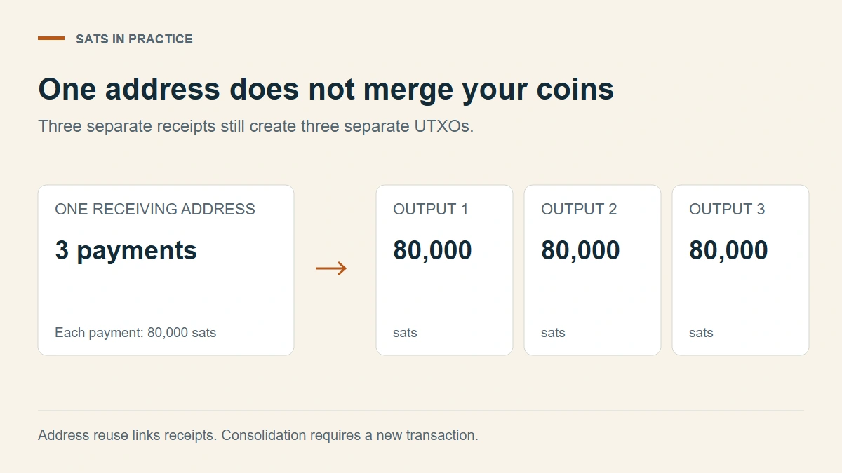 Three payments to one Bitcoin address still create three separate unspent outputs; sharing an address does not merge them.