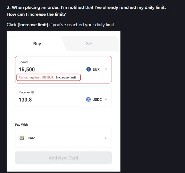 Binance buy panel with 15,500 EUR entered in Spend and a red message reading Remaining limit 100 EUR with an Increase limit link.
