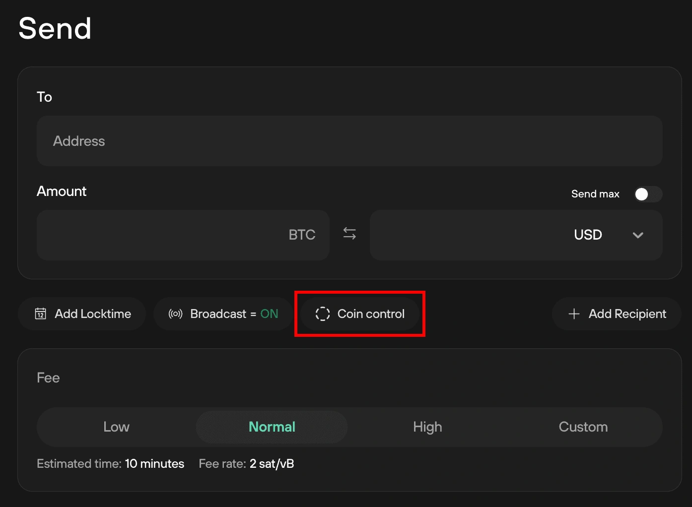 Trezor Suite Send form with the Coin control button highlighted below the Address and Amount fields.