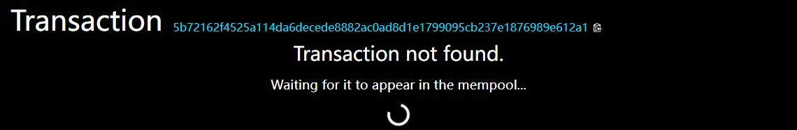 mempool.space page reading "Transaction not found." and "Waiting for it to appear in the mempool..." under a 64-character transaction ID.