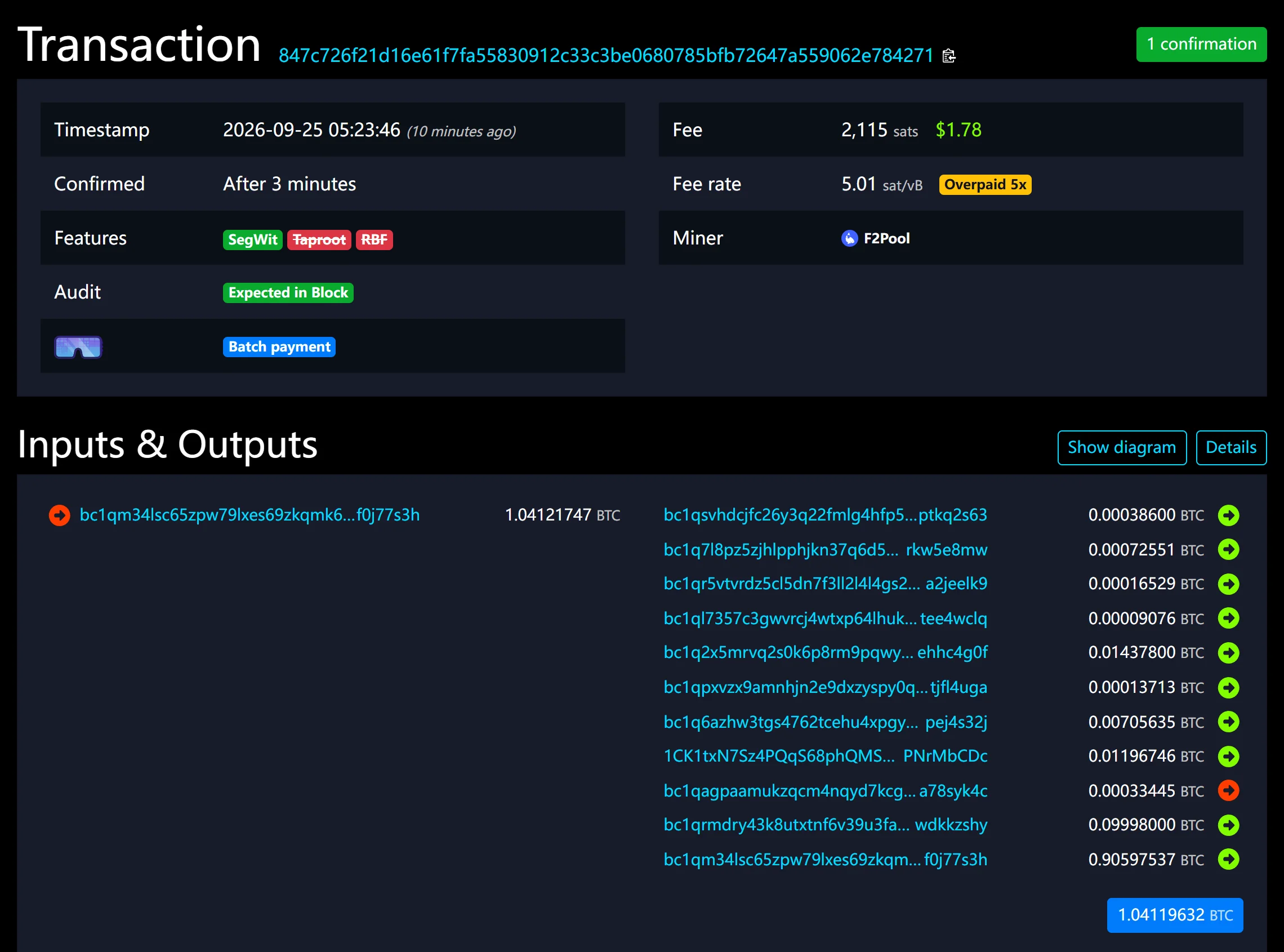 mempool.space page for a confirmed transaction tagged Batch payment: one input, eleven outputs, a 2,115-sat fee at 5.01 sat/vB flagged Overpaid 5x, and one confirmation.