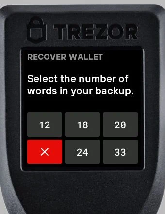 Trezor Model T showing the Recover wallet heading and the word-count screen, with an X at the bottom left.