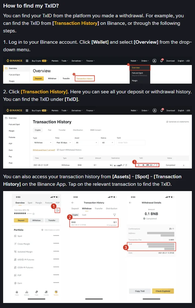 Binance help page illustration: Wallet menu with Overview and Transaction History highlighted, a Transaction History table with a TxID column, and three app screens ending in Withdrawal Details with Copy Txid and Check Explorer buttons.