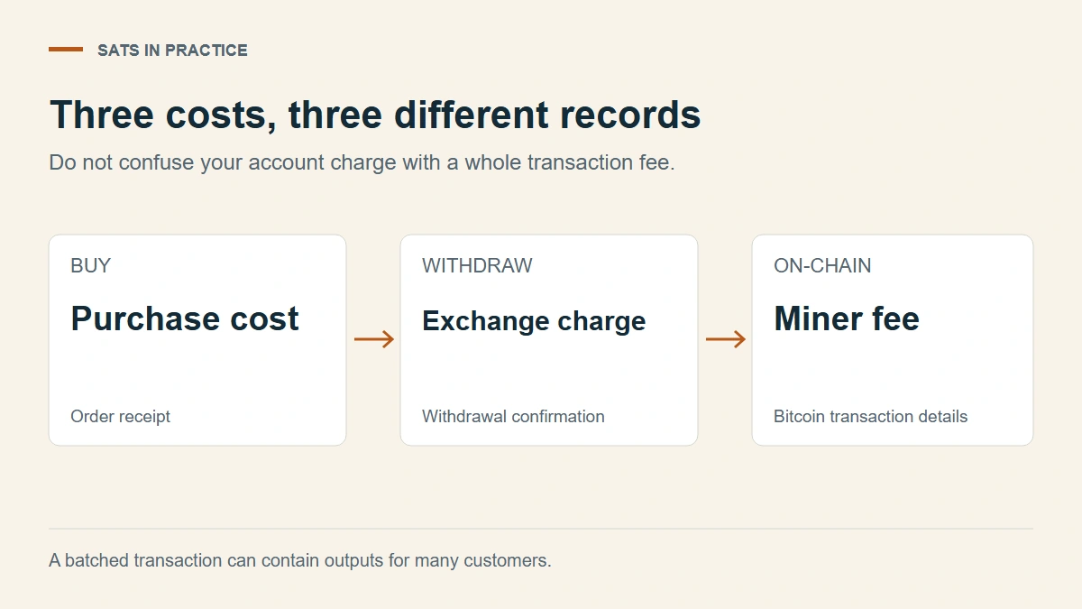 Purchase cost, exchange withdrawal charge, and miner fee belong to three different stages and records.