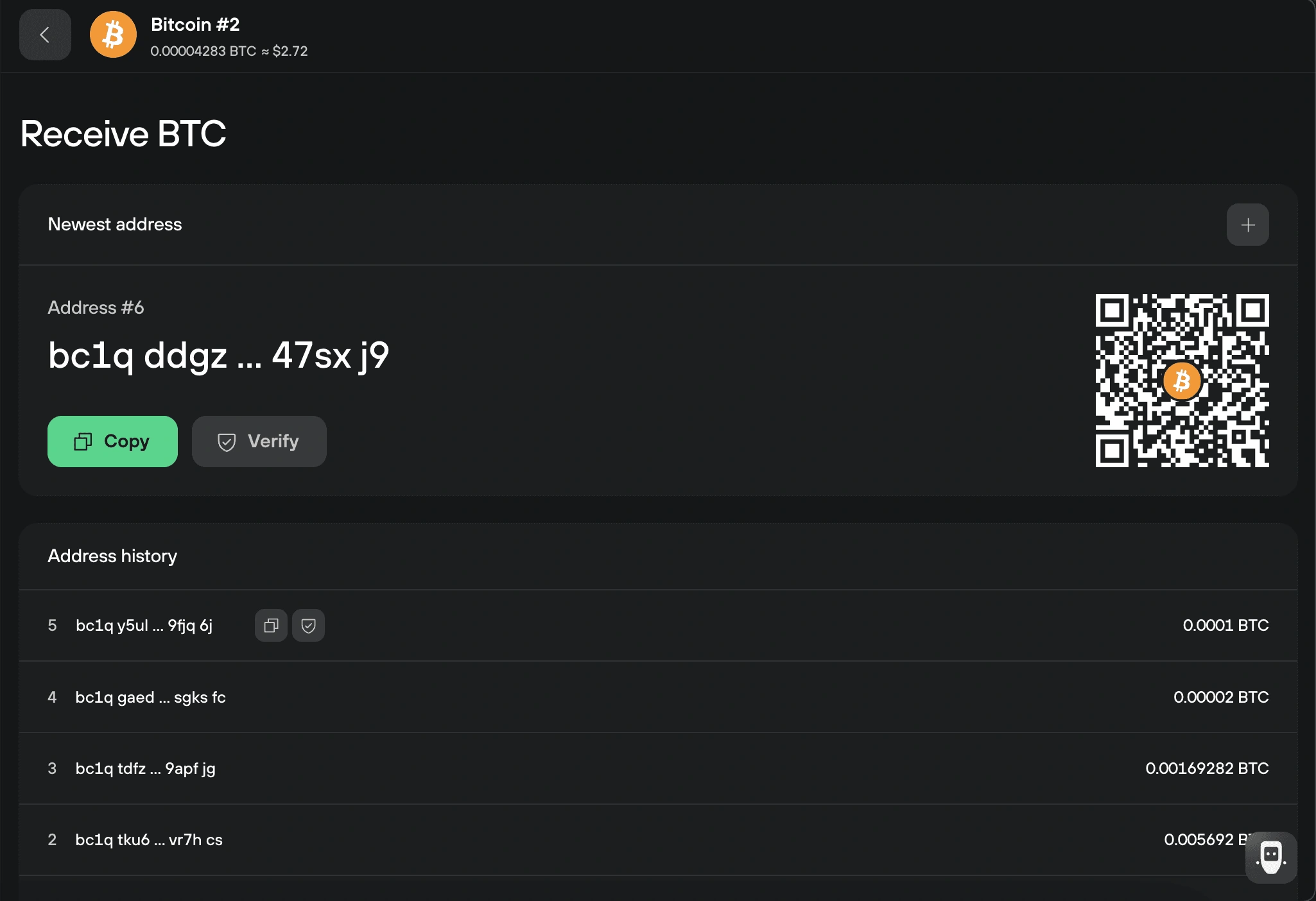 Trezor Suite Receive BTC screen with Copy and Verify controls and a demo receive address and QR code.