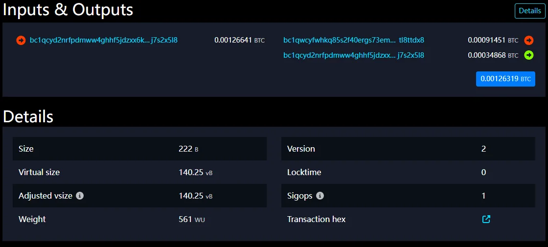 mempool.space Inputs & Outputs panel: one input of 0.00126641 BTC on the left, two outputs of 0.00091451 BTC and 0.00034868 BTC on the right, a blue total of 0.00126319 BTC, and Details showing a size of 222 B, virtual size 140.25 vB, and weight 561 WU.