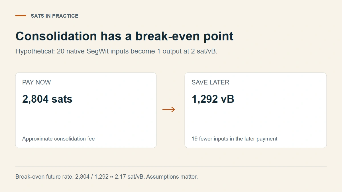 Consolidation calculation: pay 2,804 sats at 2 sat/vB now to avoid about 1,292 vB of inputs in a later transaction, a break-even of about 2.17 sat/vB.