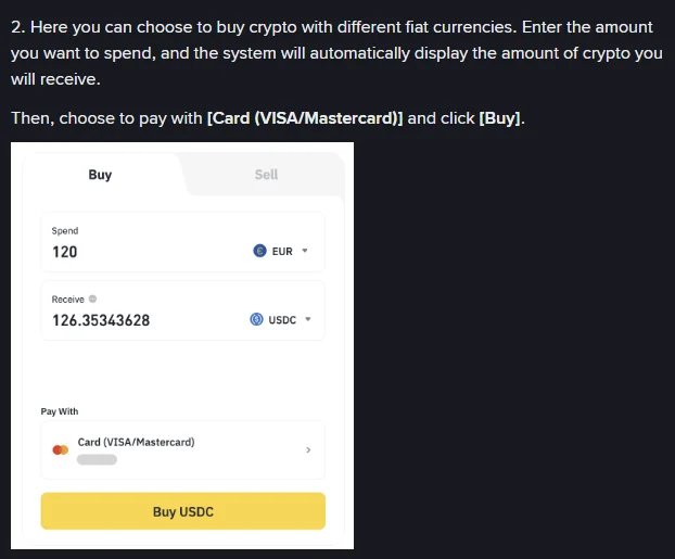 Binance card purchase panel with Spend 120 EUR, Receive 126.35343628 USDC, Pay With set to Card (VISA/Mastercard), and a yellow Buy USDC button.