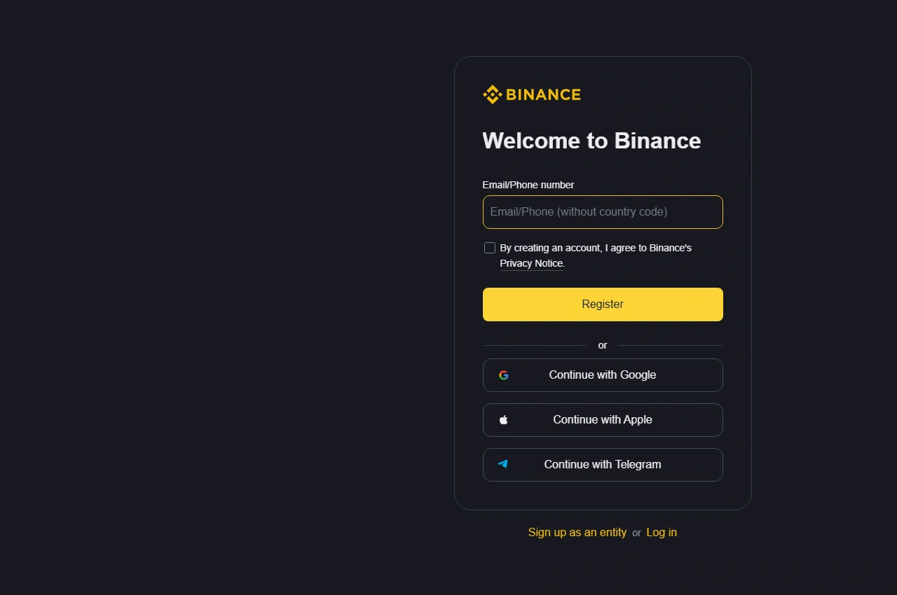 Binance English registration page showing an empty email or phone field, consent checkbox, Register button, and alternative registration options.