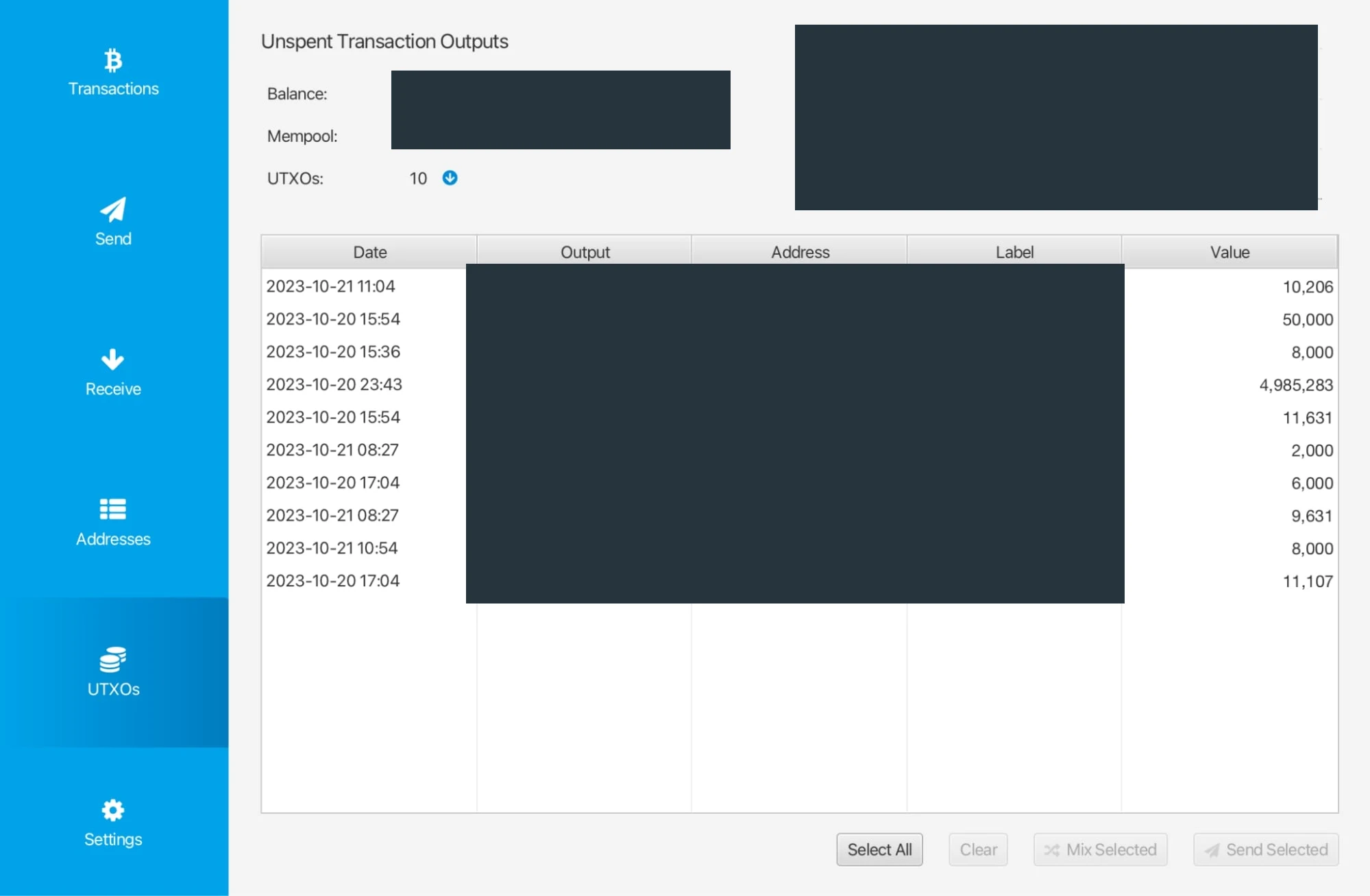 Sparrow UTXOs screen from a 2023 testnet demonstration, with ten output rows and value columns; identifiers and labels are masked.