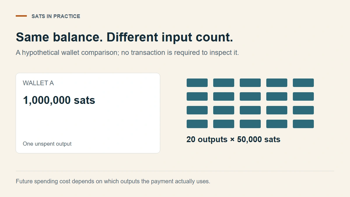 Two wallets each hold one million sats: one in a single output, the other in twenty smaller outputs.