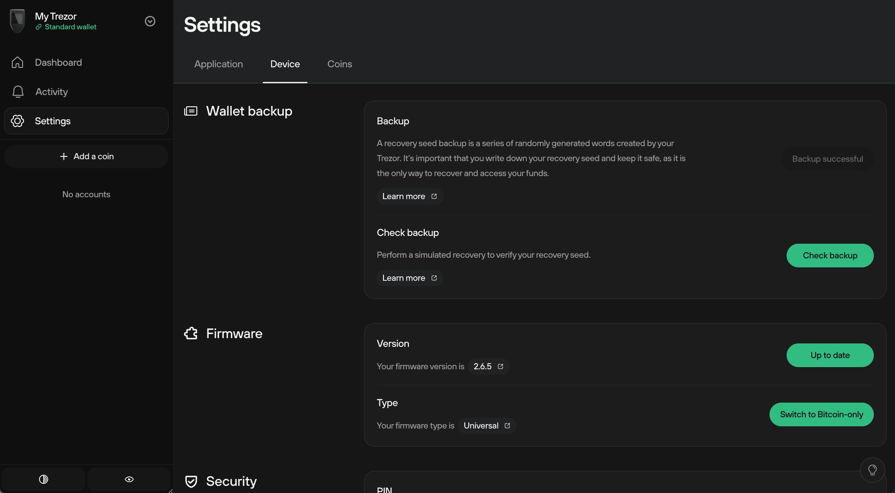Trezor Suite Device settings showing the Check backup control in the Wallet backup section.